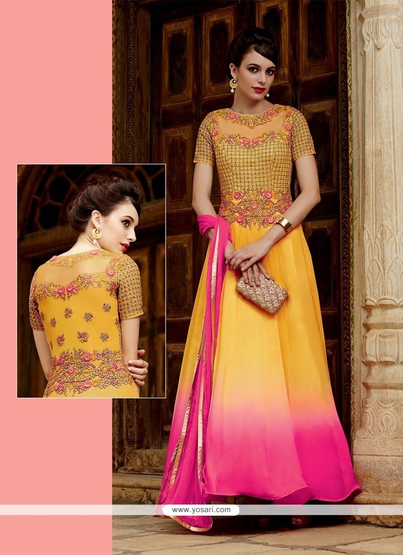 Resplendent Hot Pink And Yellow Embroidered Work Faux Chiffon Designer Suit