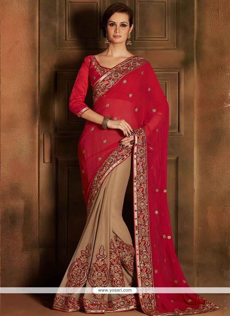 Maroon And Brown Embroidery Georgette Wedding Saree