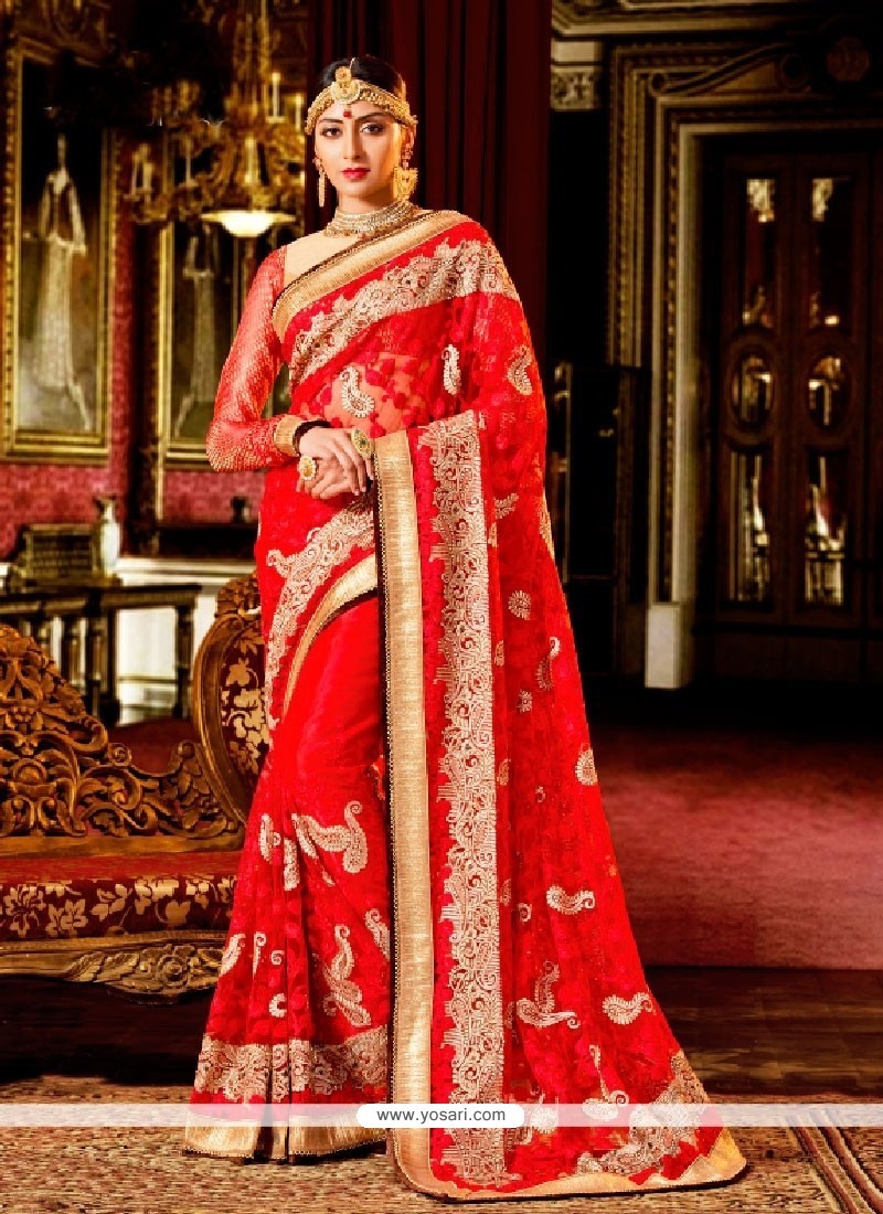 Gleaming Red Patch Border Work Classic Designer Saree