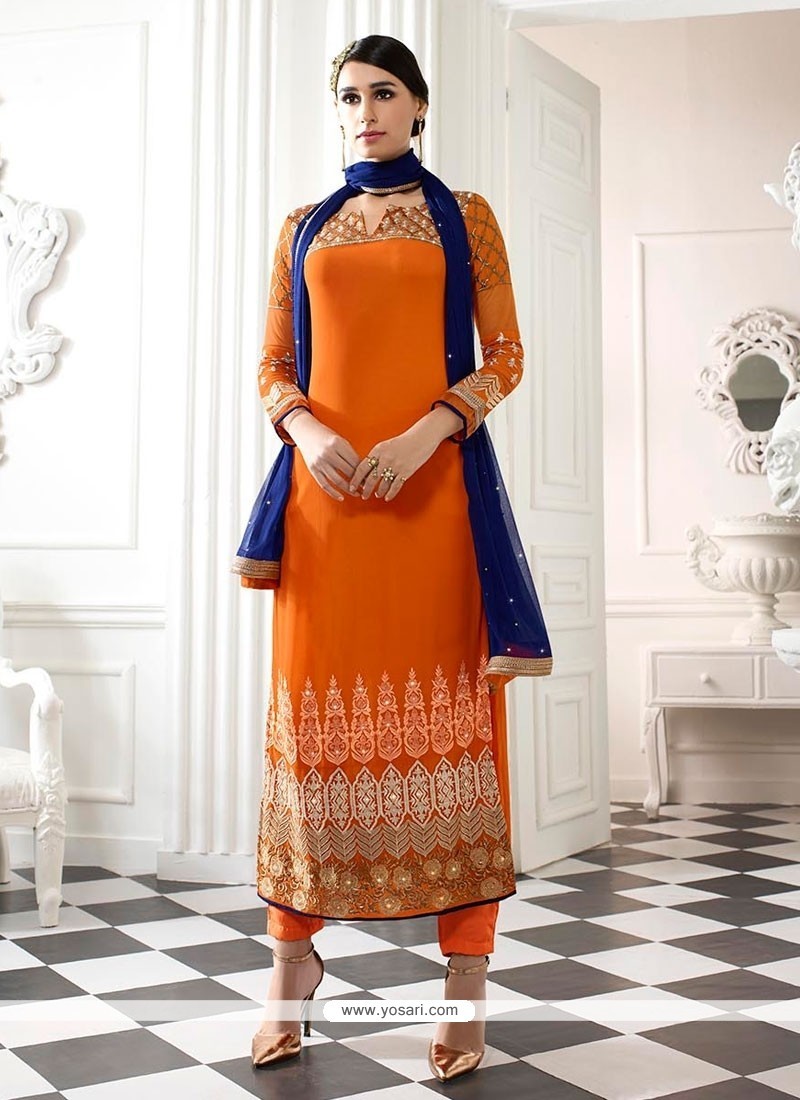 Attractive Orange Patch Border Work Georgette Designer Straight Salwar Kameez