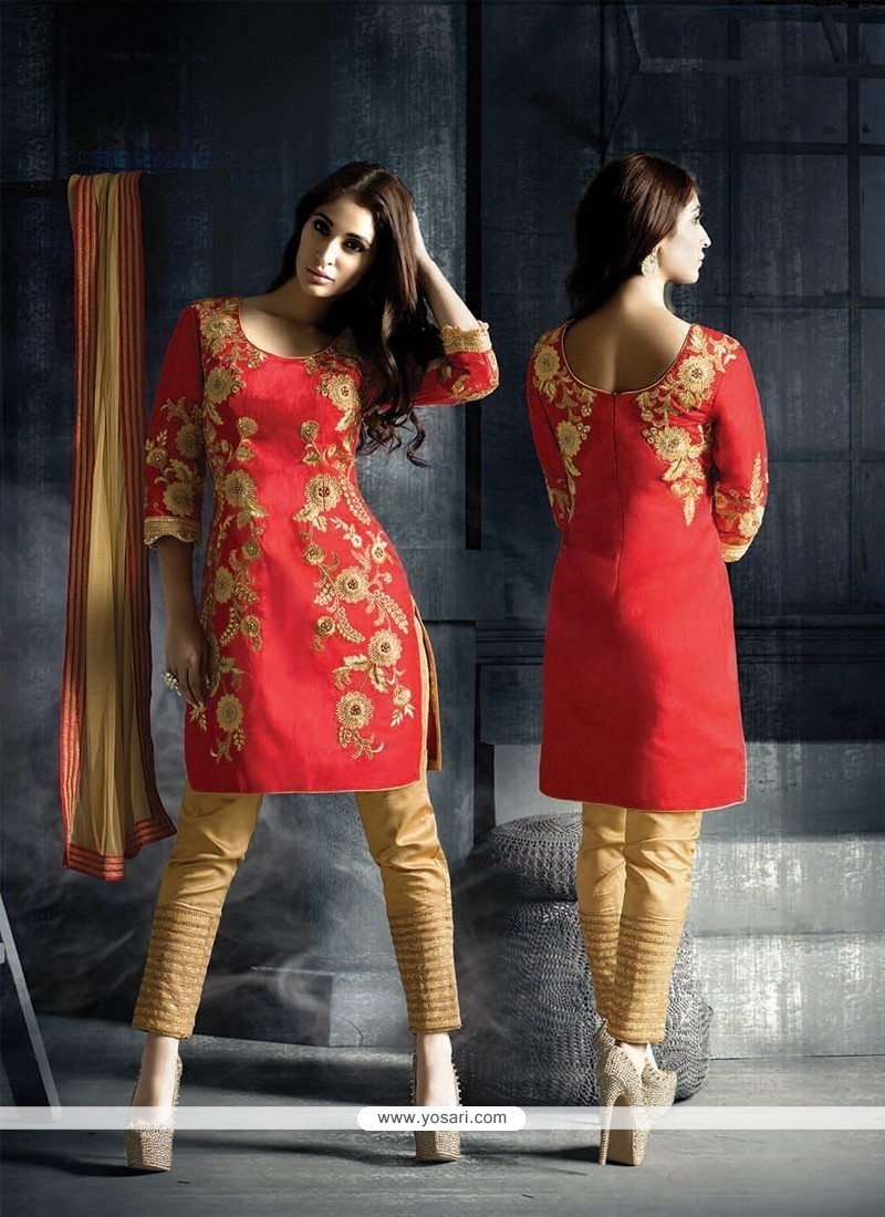 Prominent Fancy Fabric Red Designer Suit