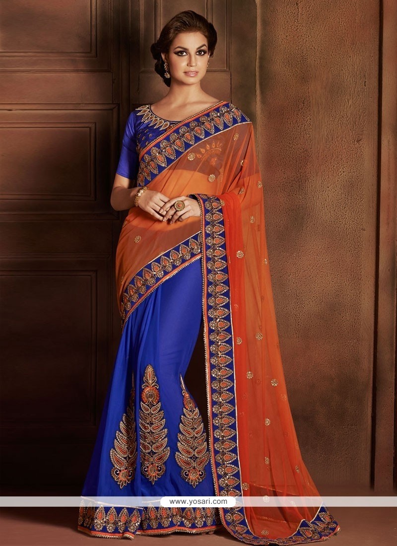 Imperial Orange And Blue Stone Satin Designer Saree