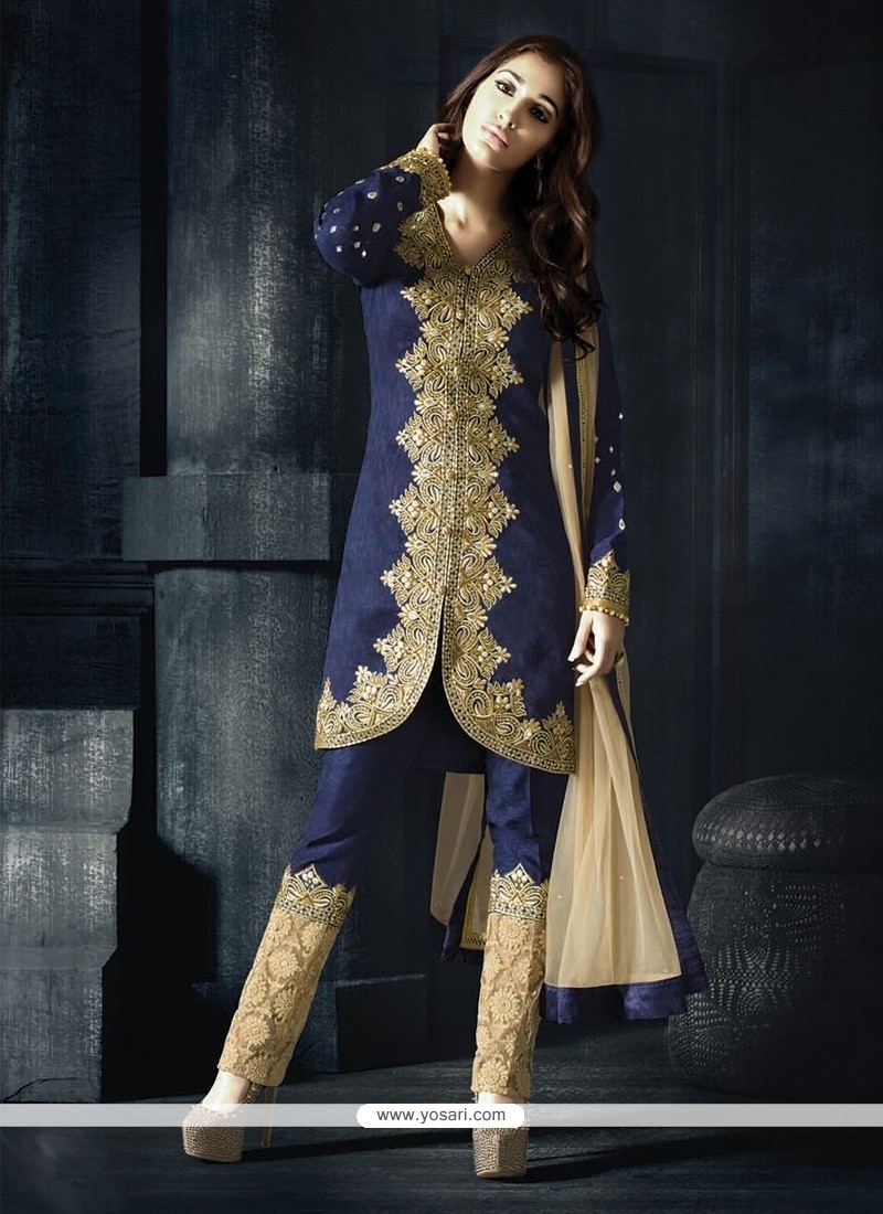 Praiseworthy Fancy Fabric Navy Blue Resham Work Designer Suit