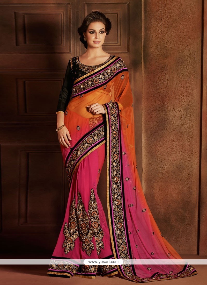 Magical Orange And Pink Embroidery Designer Saree