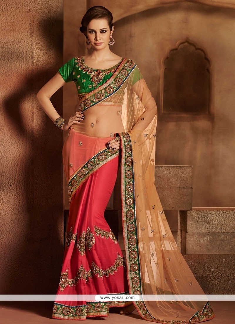 Girlish Green And Pink Net Satin Designer Saree