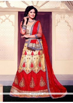 Prominent Embroidered Work Gold And Red A Line Lehenga Choli