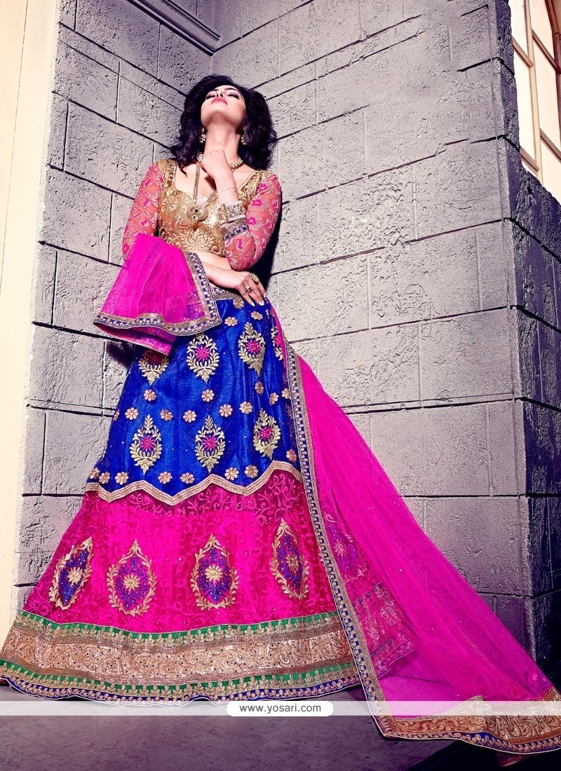 Gilded Patch Border Work Blue And Hot Pink A Line Lehenga Choli