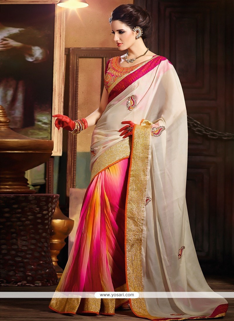 Off White And Pink Faux Georgette Half And Half Saree