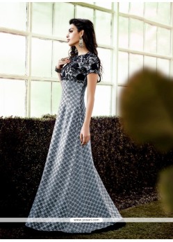 Grey Pure Crepe Patch Border Work Designer Gown