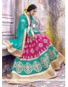 Alluring Net Hot Pink And Turquoise Patch Border Work A Line Lehenga Choli