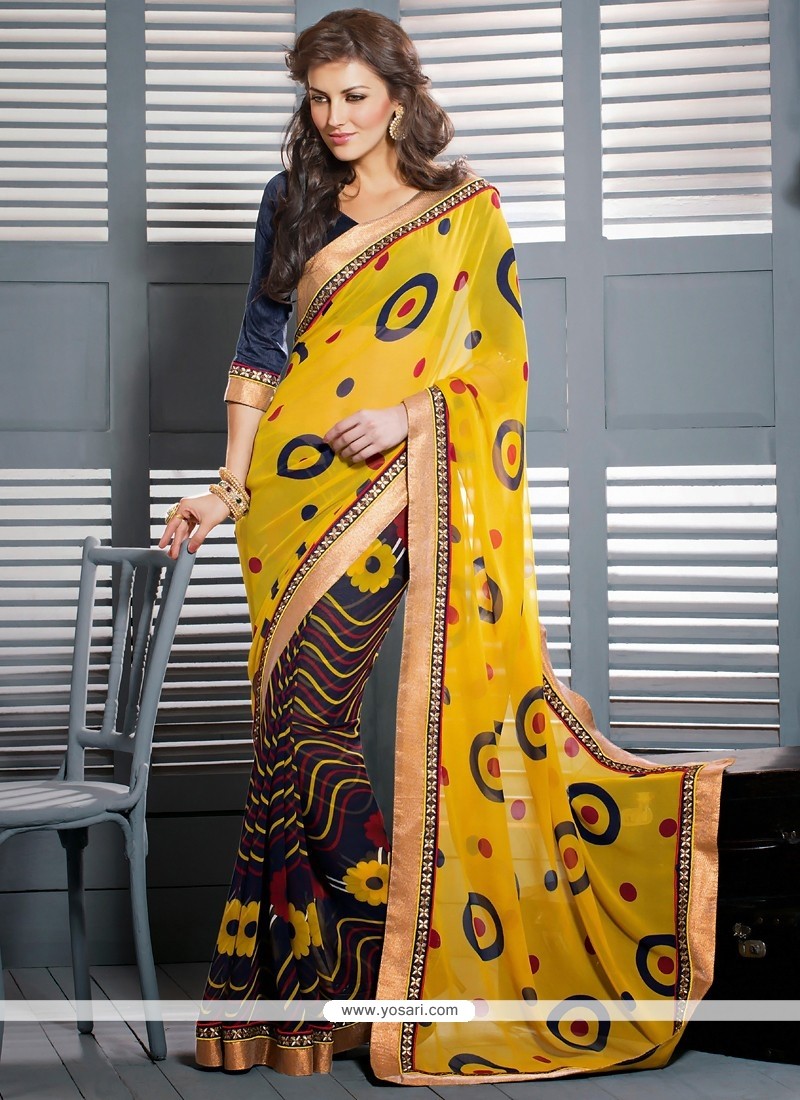 Yellow And Blue Georgette Casual Saree