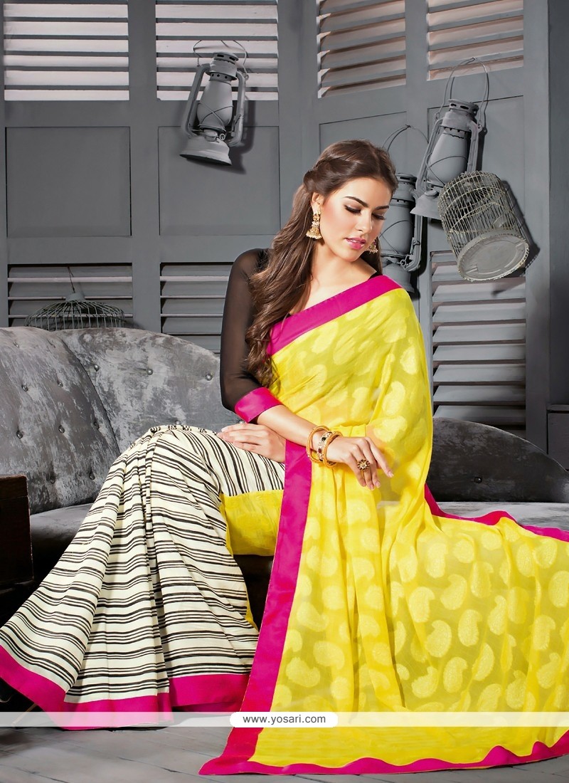 Yellow And Cream Georgette Party Wear Saree