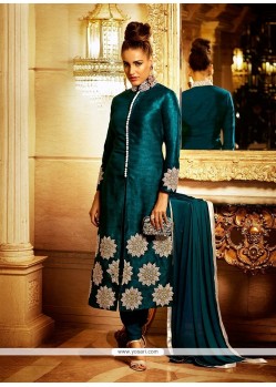 Flattering Bhagalpuri Silk Teal Lace Work Churidar Designer Suit