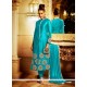Alluring Turquoise Lace Work Bhagalpuri Silk Churidar Designer Suit