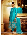 Alluring Turquoise Lace Work Bhagalpuri Silk Churidar Designer Suit