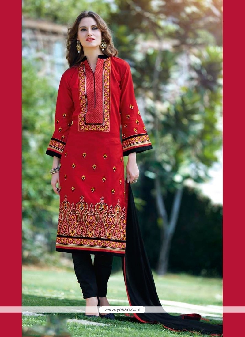 Aristocratic Patch Border Work Red Churidar Designer Suit