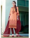 Adorable Embroidered Work Orange Cotton Satin Churidar Designer Suit