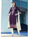 Trendy Purple Patch Border Work Cotton Satin Churidar Designer Suit