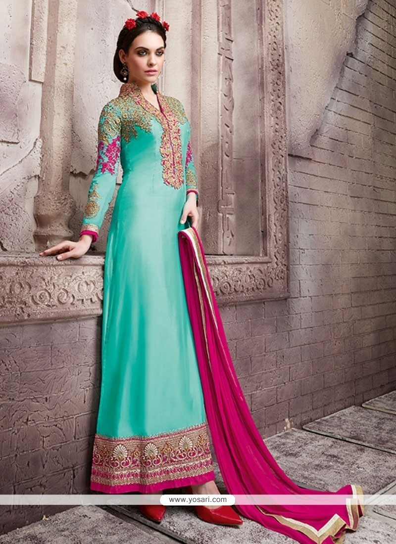Voguish Turquoise Embroidered Work Pure Georgette Designer Straight Salwar Suit