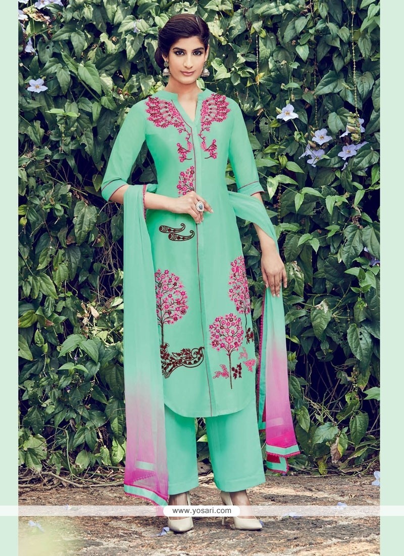 Mesmerizing Cotton Satin Green Resham Work Designer Salwar Suit