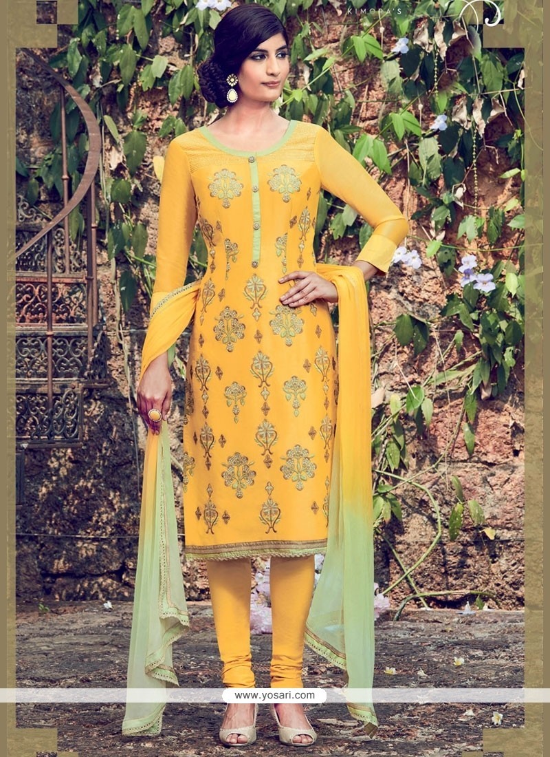 Baronial Embroidered Work Yellow Cotton Satin Churidar Designer Suit