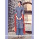 Princely Resham Work Cotton Satin Blue Designer Salwar Suit