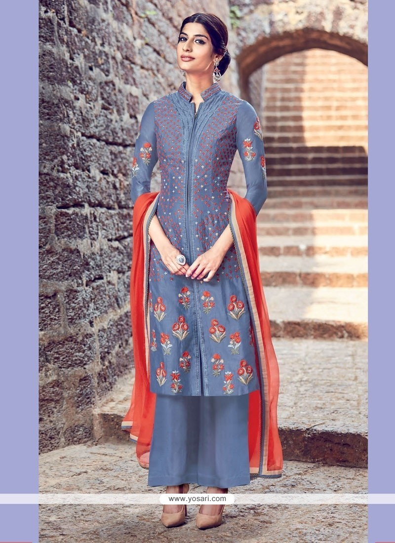 Princely Resham Work Cotton Satin Blue Designer Salwar Suit