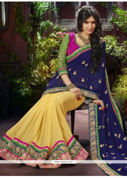 Conspicuous Blue And Yellow Georgette Designer Saree