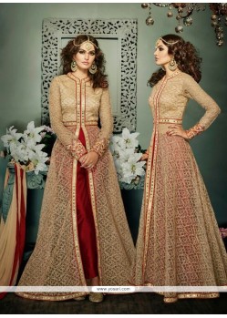 Latest Beige And Maroon Embroidered Work Net Designer Suit