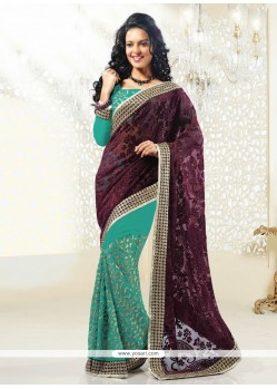 Turquoise And Wine Faux Georgette Half And Half Saree