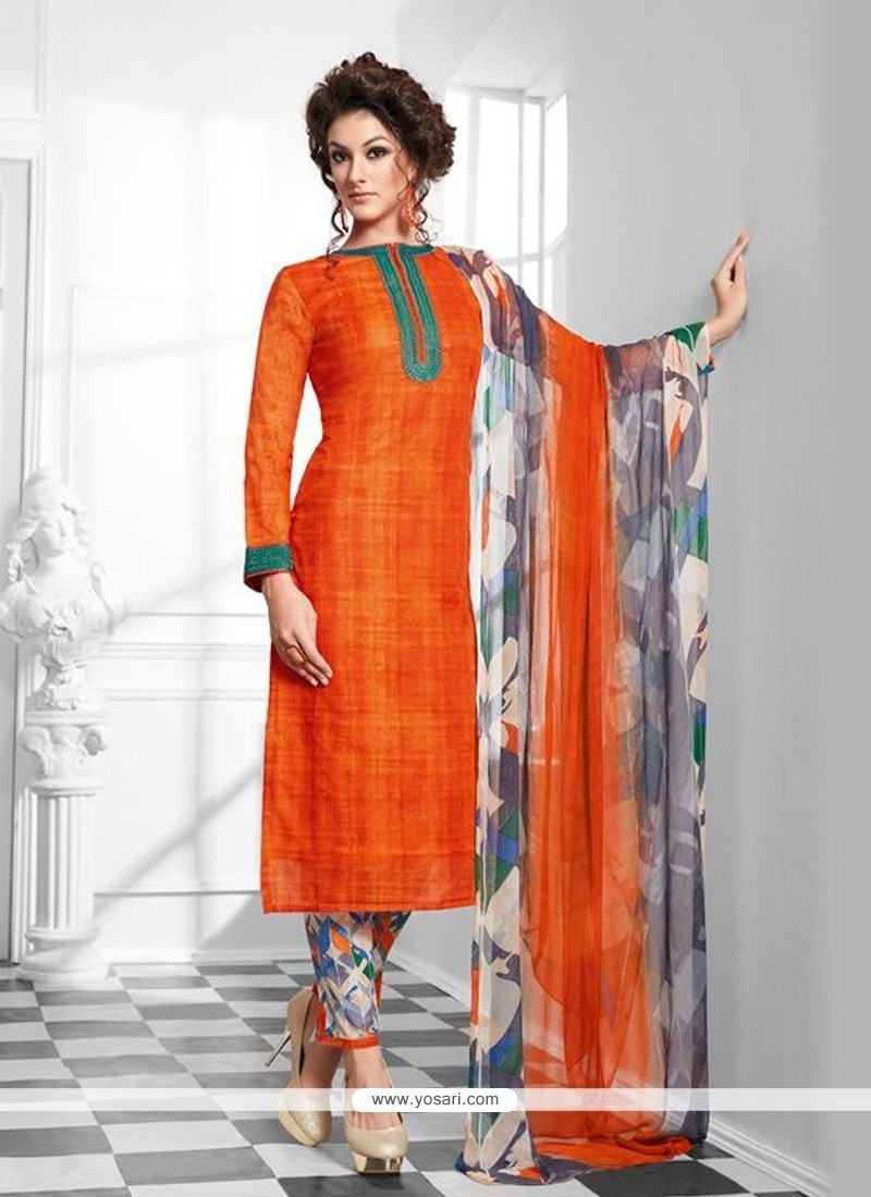 Delightful Orange Print Work Cotton Designer Suit