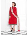 Desirable Red Print Work Cotton Designer Suit