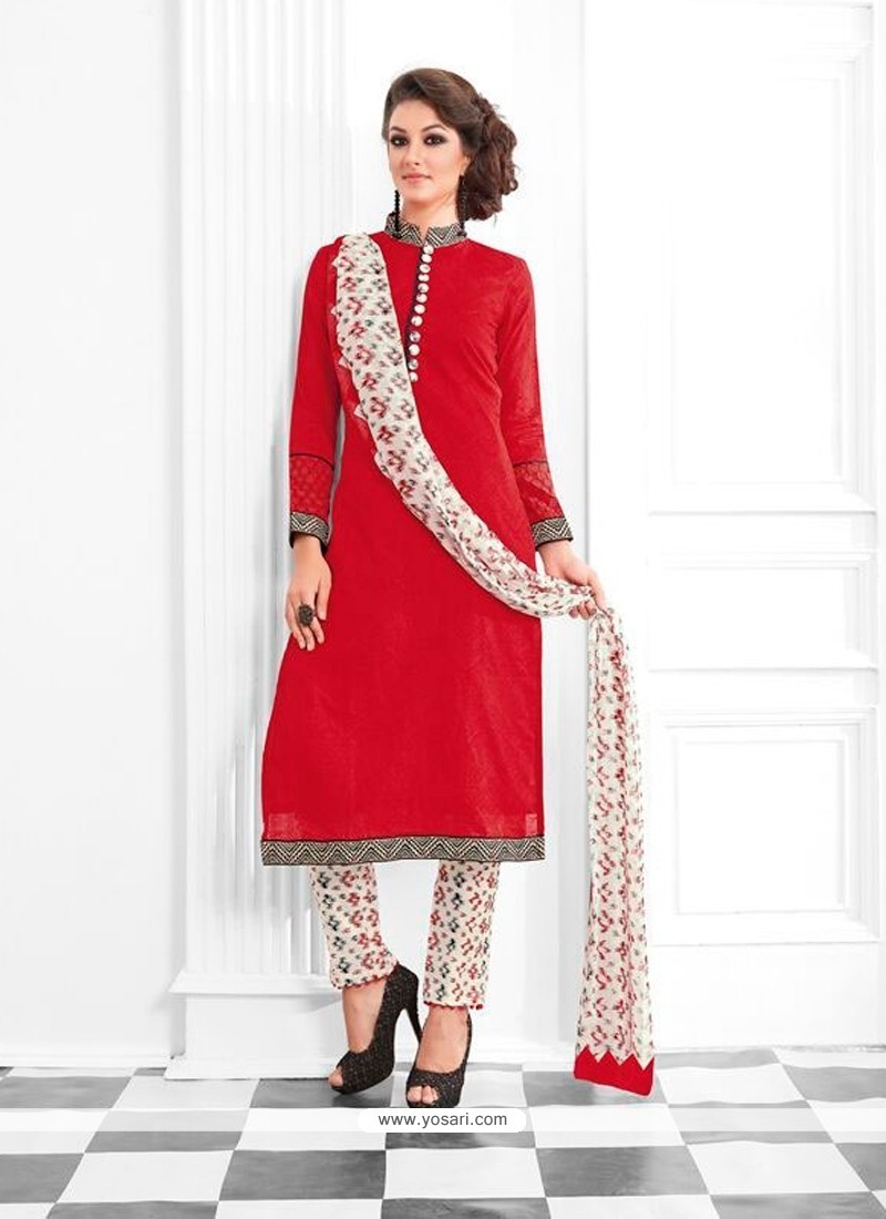 Desirable Red Print Work Cotton Designer Suit
