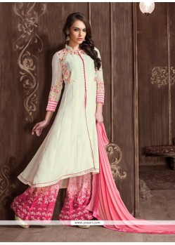Snazzy Georgette Off White And Pink Embroidered Work Designer Suit