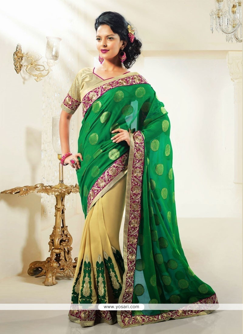 Cream And Green Shaded Jacquard Designer Saree