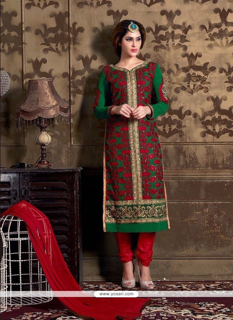 Compelling Georgette Green And Red Churidar Designer Suit