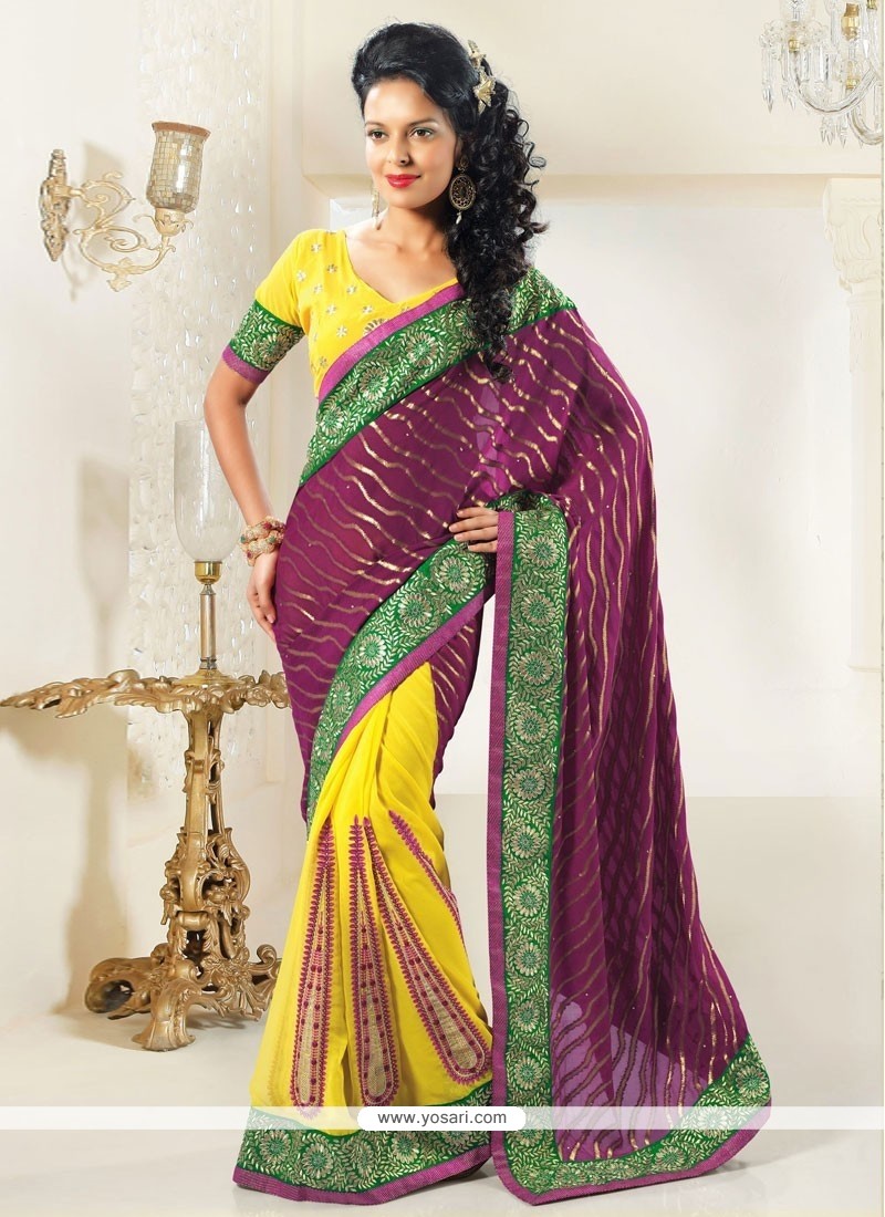 Yellow And Wine Shaded Georgette Half And Half Saree