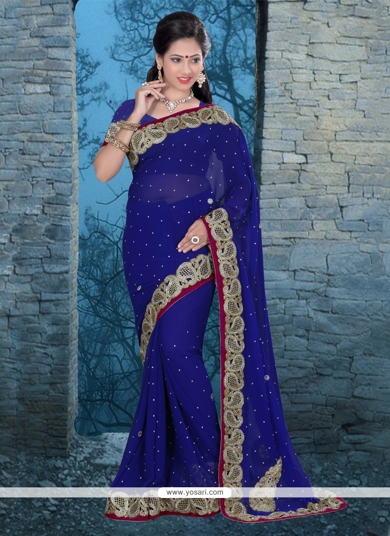 Outstanding Blue Embroidered Work Georgette Classic Designer Saree