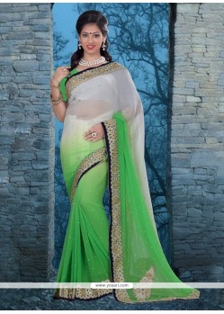 Sunshine Green And Off White Embroidered Work Georgette Classic Designer Saree