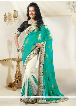 Off White And Teal Shaded Jacquard Half And Half Saree