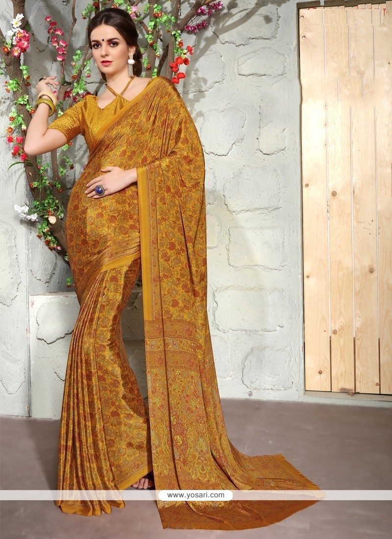 Awesome Faux Crepe Print Work Casual Saree