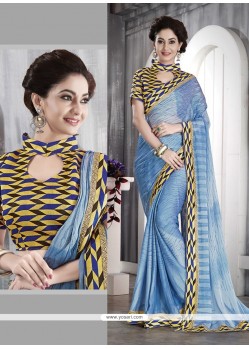 Customary Faux Chiffon Blue Patch Border Work Casual Saree