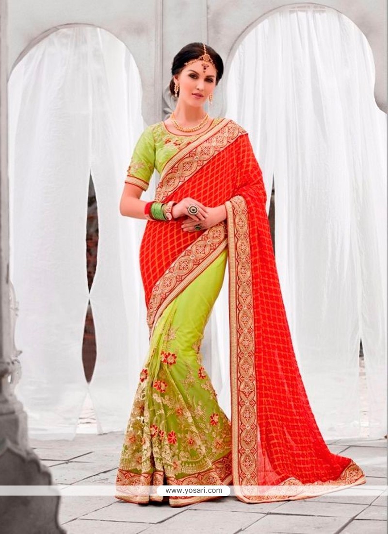 Vehemently Green And Red Classic Designer Saree