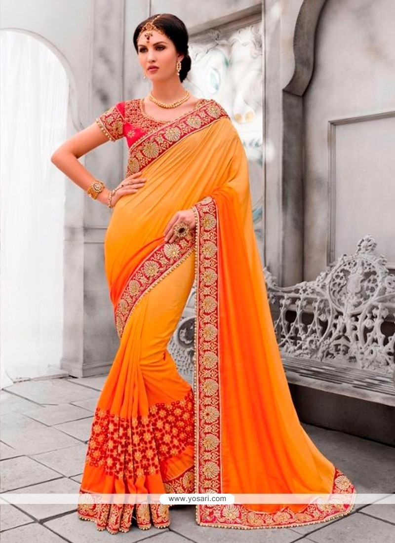 Savory Embroidered Work Orange And Yellow Classic Designer Saree