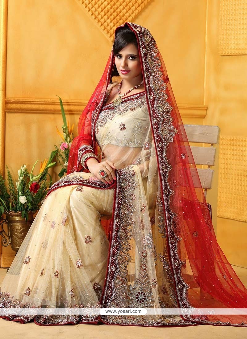 Cream And Red Net Bridal Saree