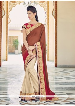 Delightsome Georgette Beige And Red Embroidered Work Designer Saree