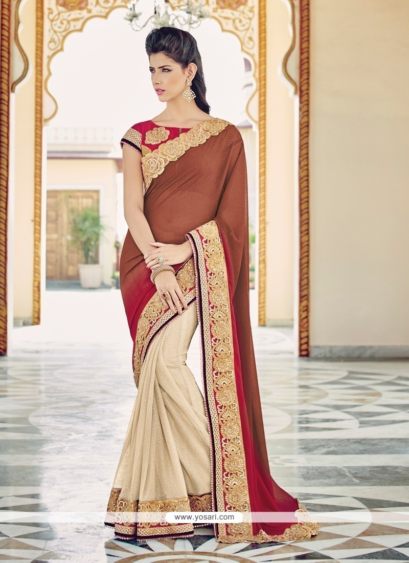 Delightsome Georgette Beige And Red Embroidered Work Designer Saree