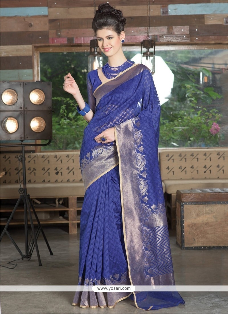 Intriguing Blue Resham Work Jute Silk Designer Saree