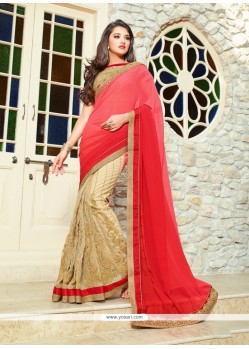 Gripping Beige And Red Embroidered Work Classic Designer Saree