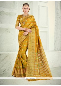 Floral Mustard Patch Border Work Banarasi Silk Designer Saree